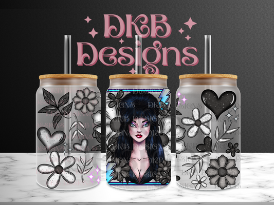 Elvira 16oz glass can UV DTF