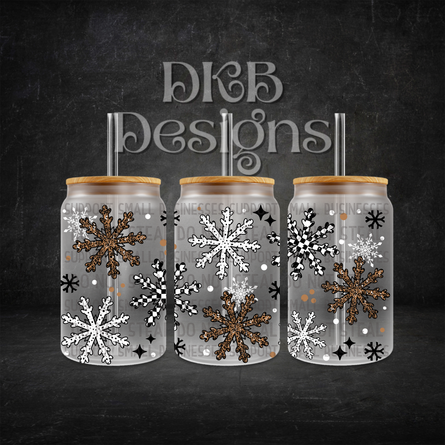 Checker snowflakes 16oz glass can UV DTF