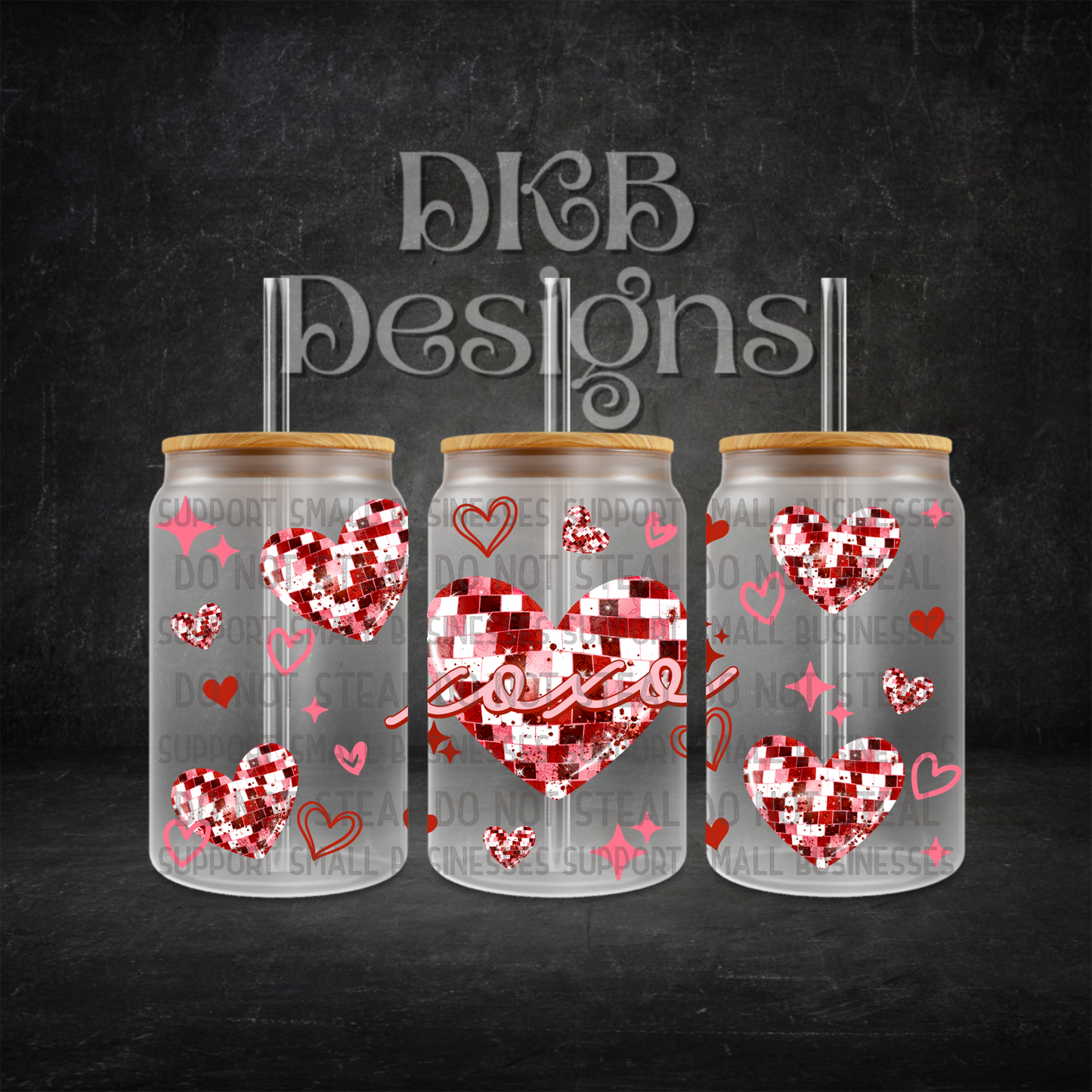 Disco heart 16oz glass can UV DTF