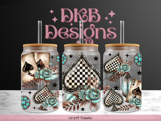 Checker spade 16oz glass can UV DTF