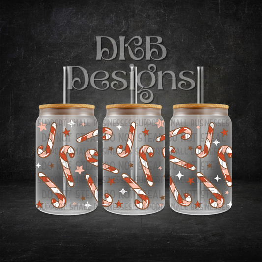 Candy canes 16oz glass can UV DTF