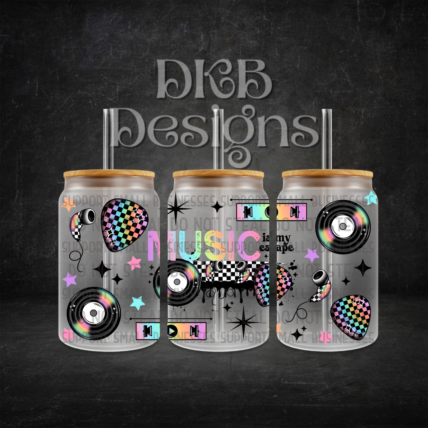 Music escape 16oz glass can UV DTF