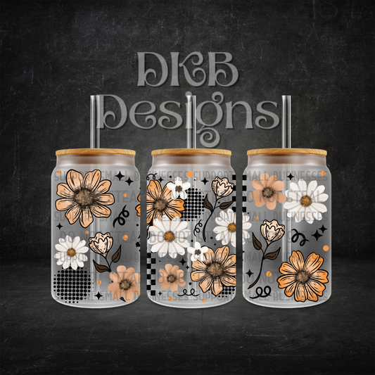 Orange tan white florals 16oz glass can UV DTF