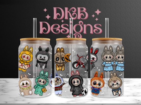 Horror monsters white accents 16oz glass can UV DTF