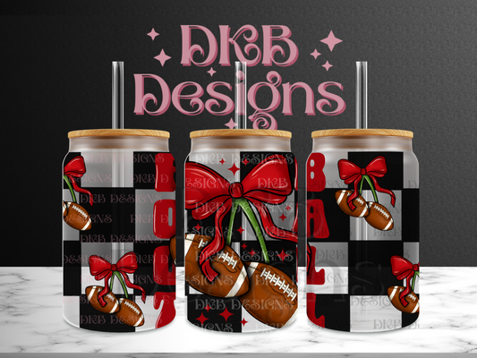 Football black checker 16oz glass can UV DTF