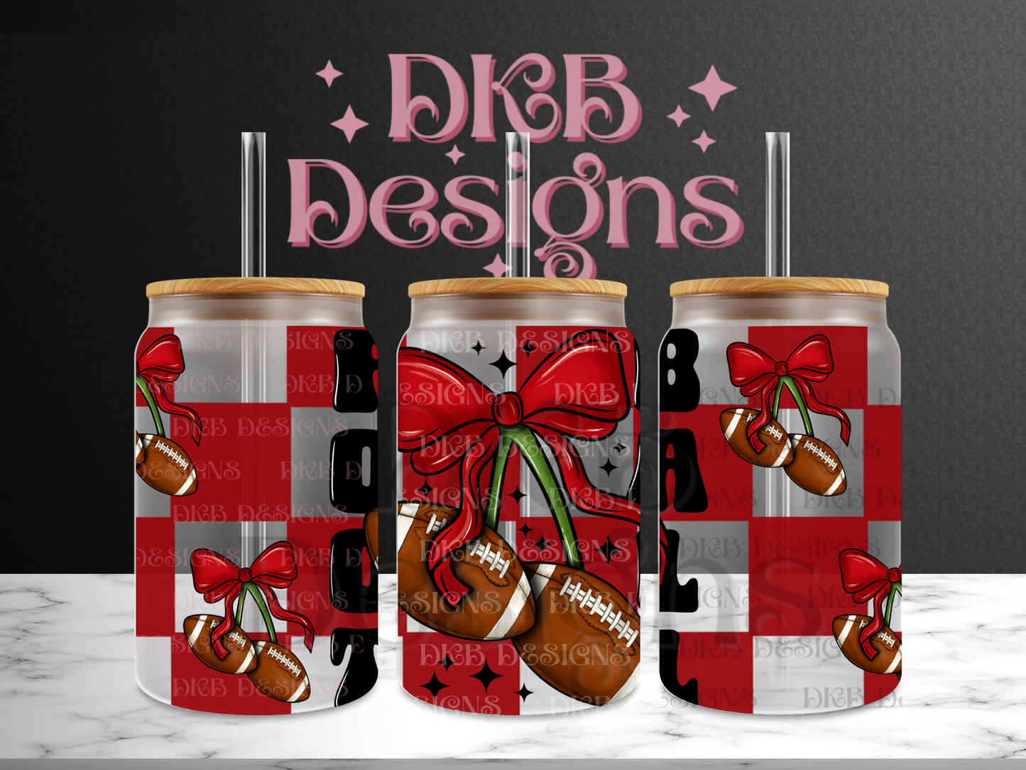Football red checker 16oz glass can UV DTF