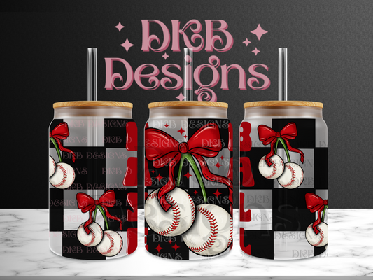 Baseball black checker 16oz glass can UV DTF