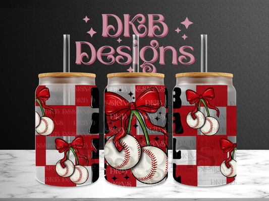 Baseball red checker 16oz glass can UV DTF