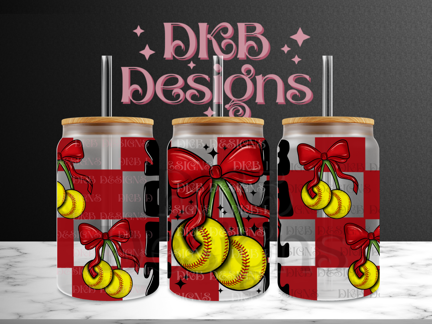 Softball red checker 16oz glass can UV DTF