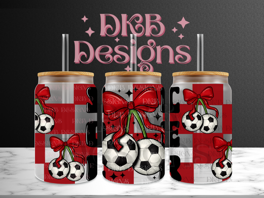 Soccer red checker 16oz glass can UV DTF