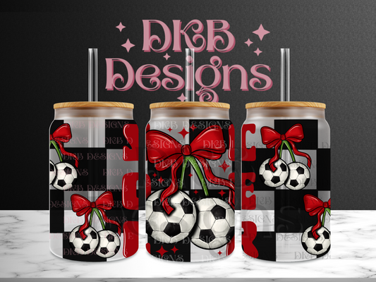 Soccer black checker 16oz glass can UV DTF