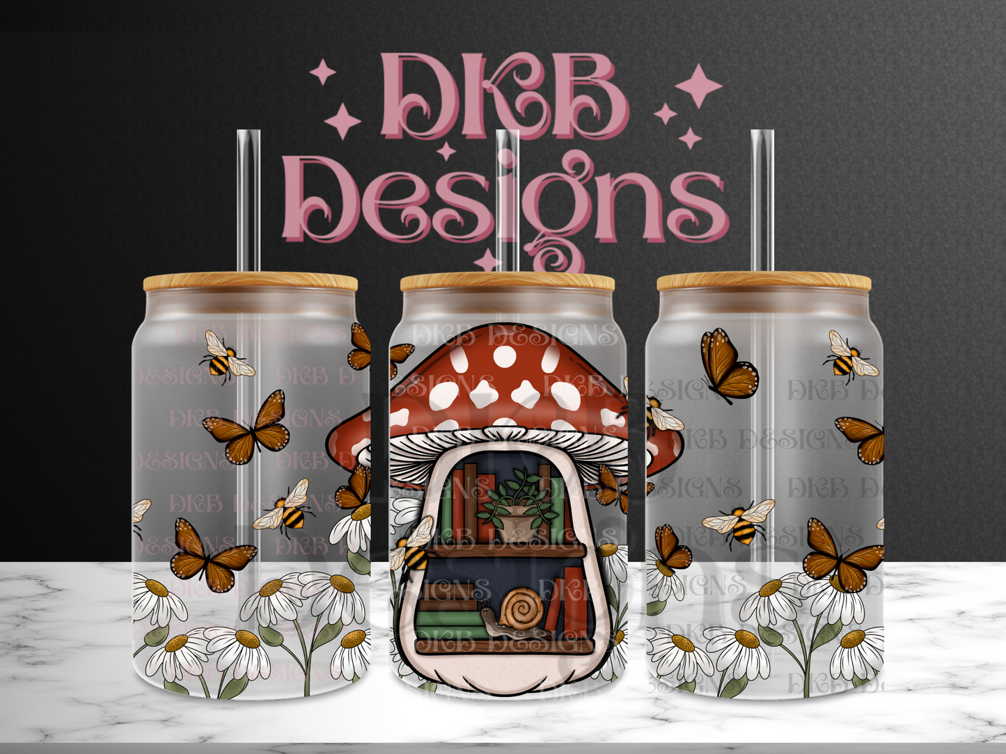 Mushroom bookshelf 16oz glass can UV DTF