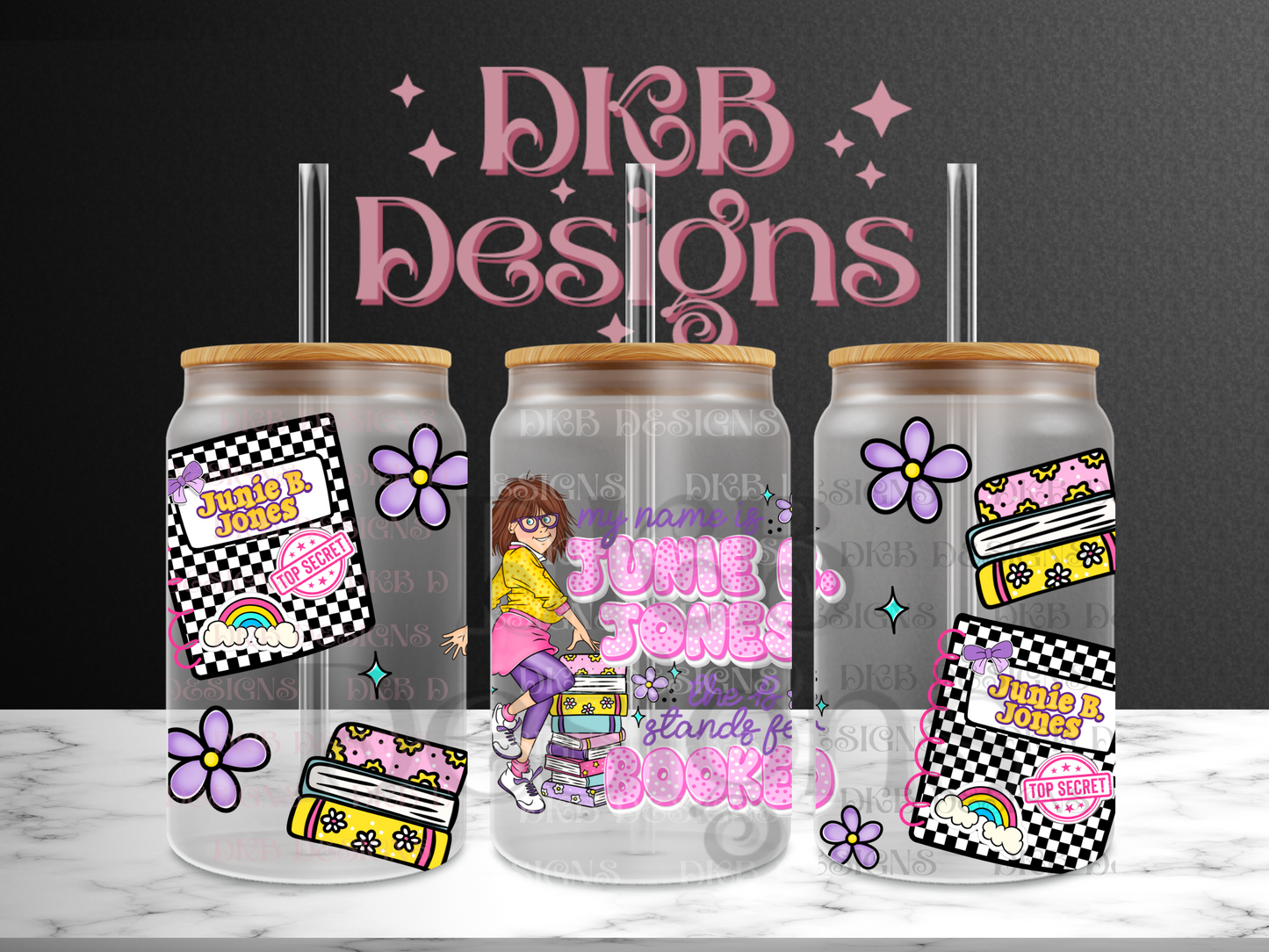 B is for booked 16oz glass can UV DTF