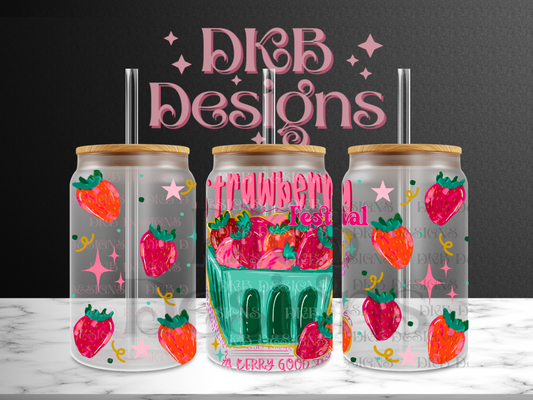 Strawberry fest 16oz glass can UV DTF