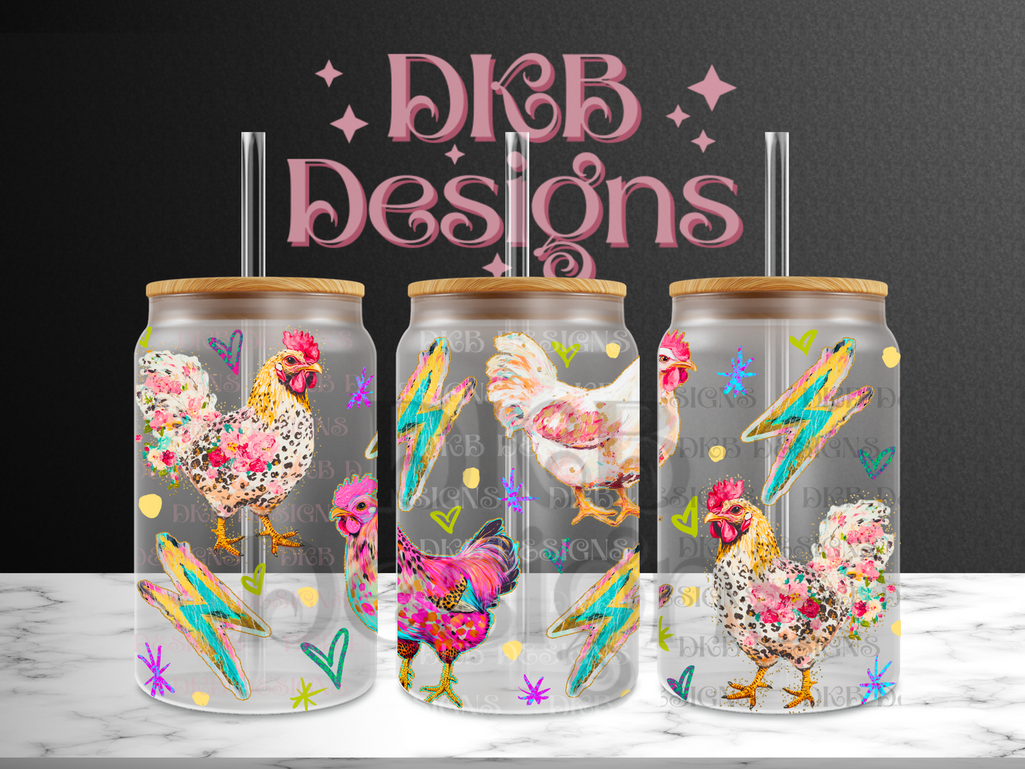 Mixed media chickens 16oz glass can UV DTF