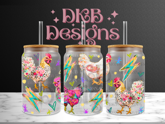 Mixed media chickens 16oz glass can UV DTF
