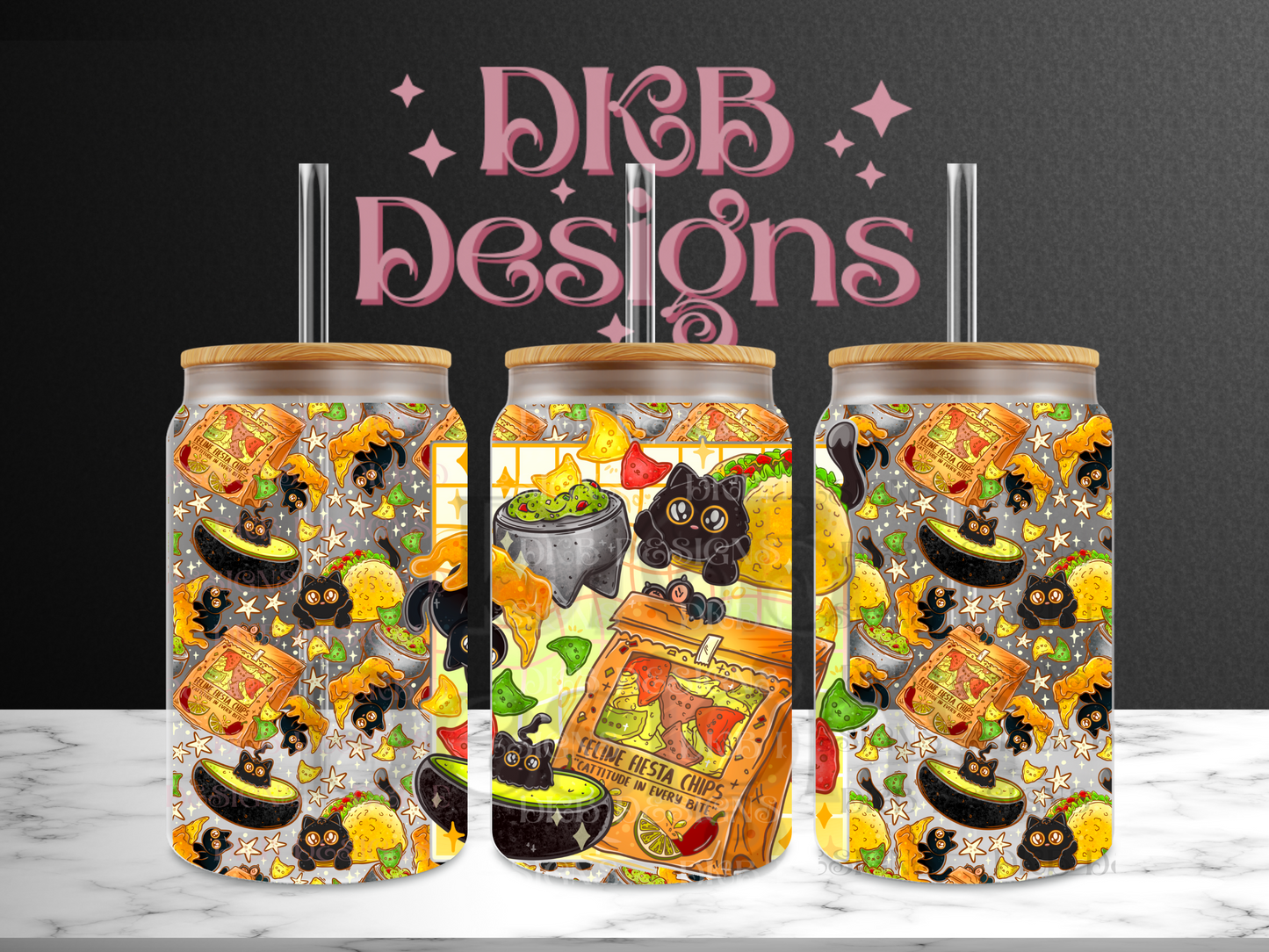 Feline fiesta 16oz glass can UV DTF