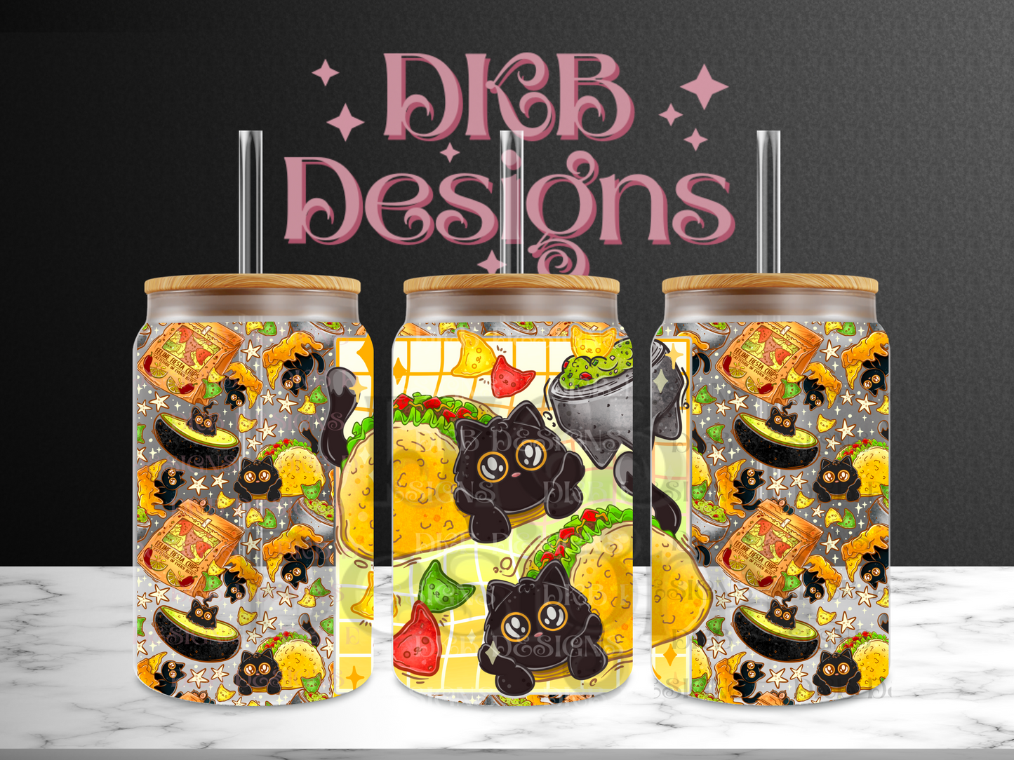 TacoCat 16oz glass can UV DTF