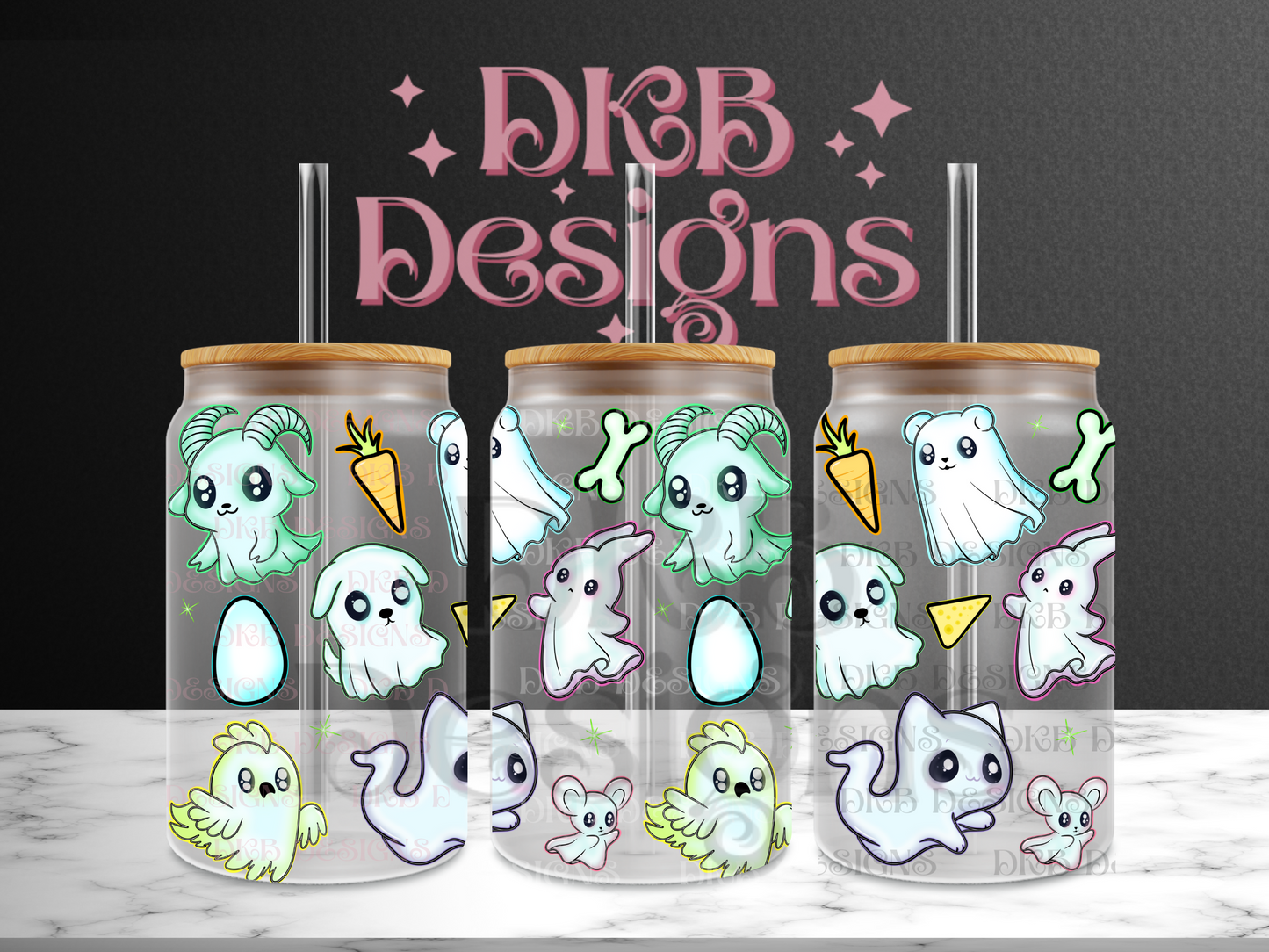 Ghost animals 16oz glass can UV DTF