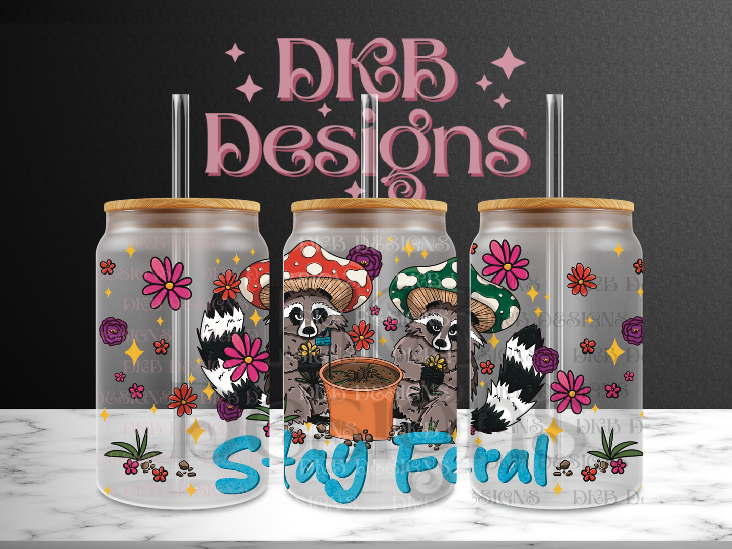 Stay feral blue 16oz glass can UV DTF