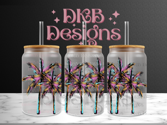 Colorful palms 16oz glass can UV DTF