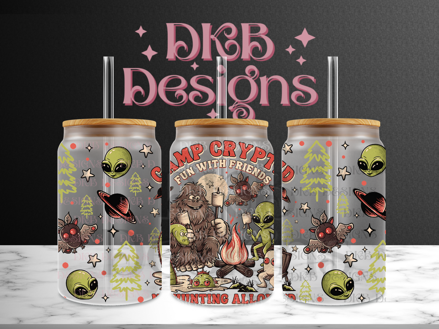 Camp cryptid 16oz glass can UV DTF