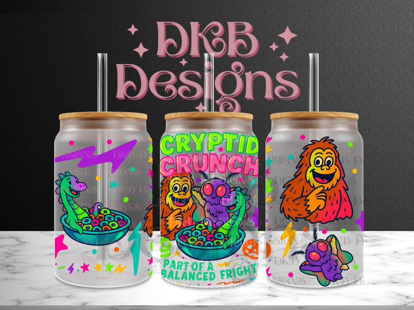 Cryptid crunch 16oz glass can UV DTF