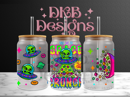 Space crunch 16oz glass can UV DTF