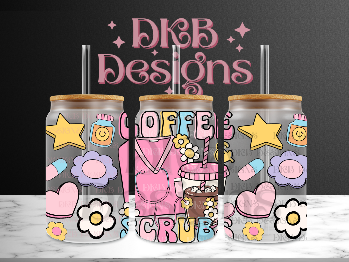 Coffee & scrubs 16oz glass can UV DTF