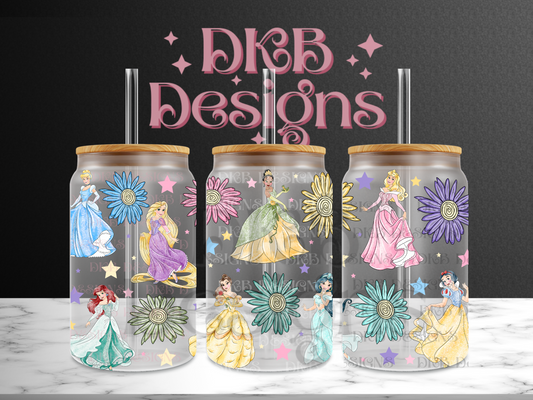 Princesses 16oz glass can UV DTF