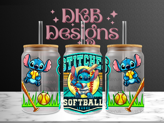 Softball league 16oz glass can UV DTF