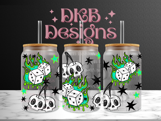 Flame Dice Cherry Skull 16oz glass can UV DTF
