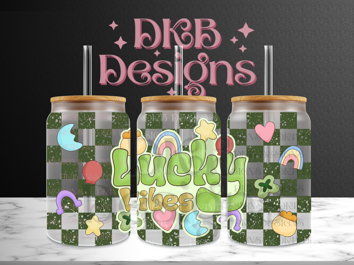 Lucky Vibes 16oz glass can UV DTF