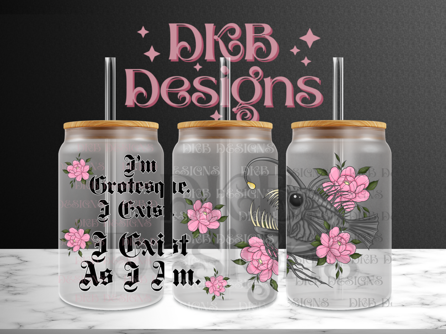 I exist 16oz glass can UV DTF