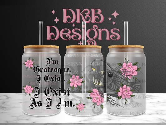 I exist 16oz glass can UV DTF