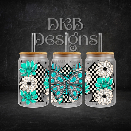 Turquoise butterfly 16oz glass can UV DTF