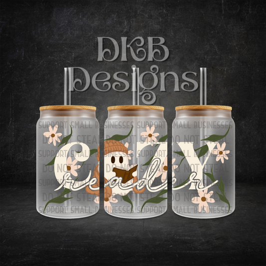Cozy reader 16oz glass can UV DTF
