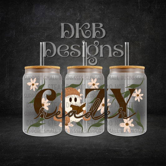 Cozy reader 16oz glass can UV DTF