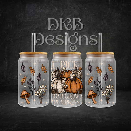 U-pick pumpkin light 16oz glass can UV DTF