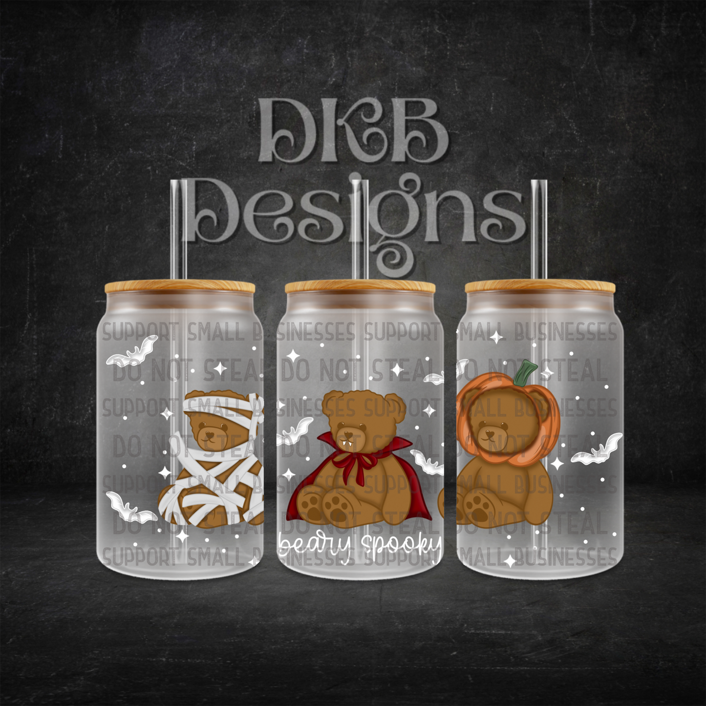 Beary spooky white 16oz glass can UV DTF