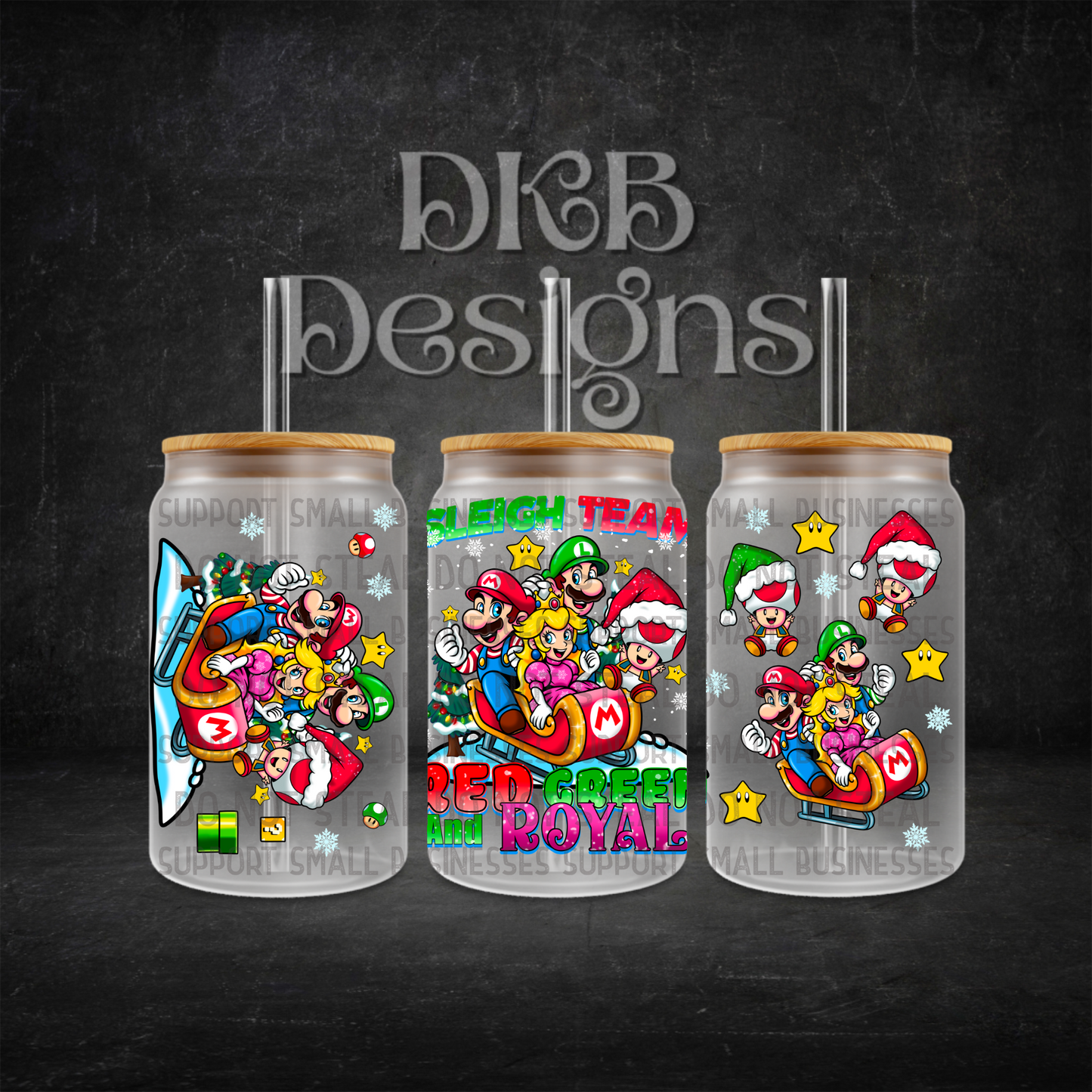 Sleigh team 16oz glass can UV DTF