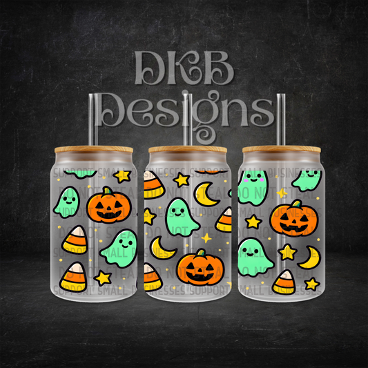 Ghost and pumpkin 16oz glass can UV DTF