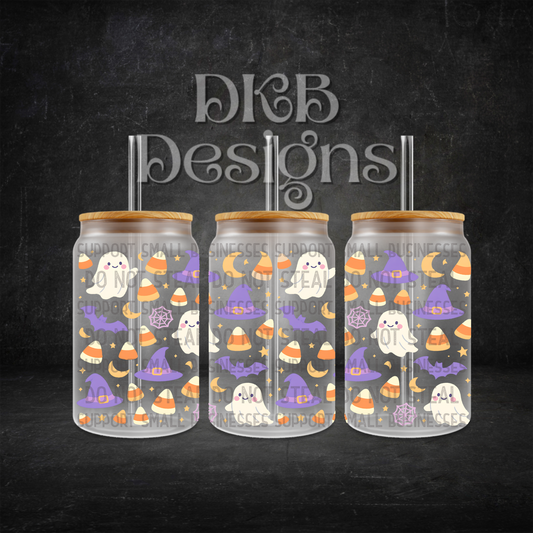 Cute Halloween 16oz glass can UV DTF