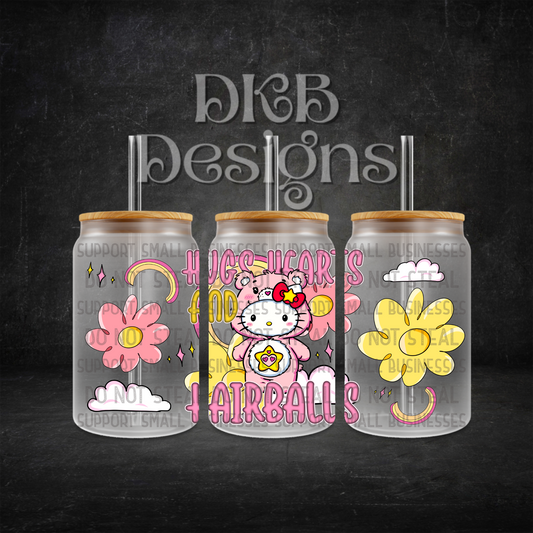 Hugs hearts & hairballs 16oz glass can UV DTF
