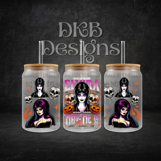 Elvira 16oz glass can UV DTF