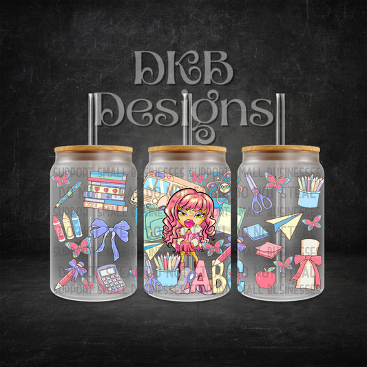 School 16oz glass can UV DTF