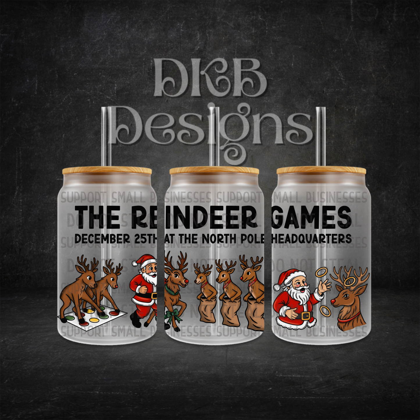 The reindeer games black 16oz glass can UV DTF