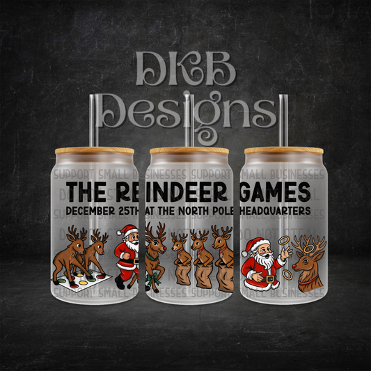 The reindeer games black 16oz glass can UV DTF