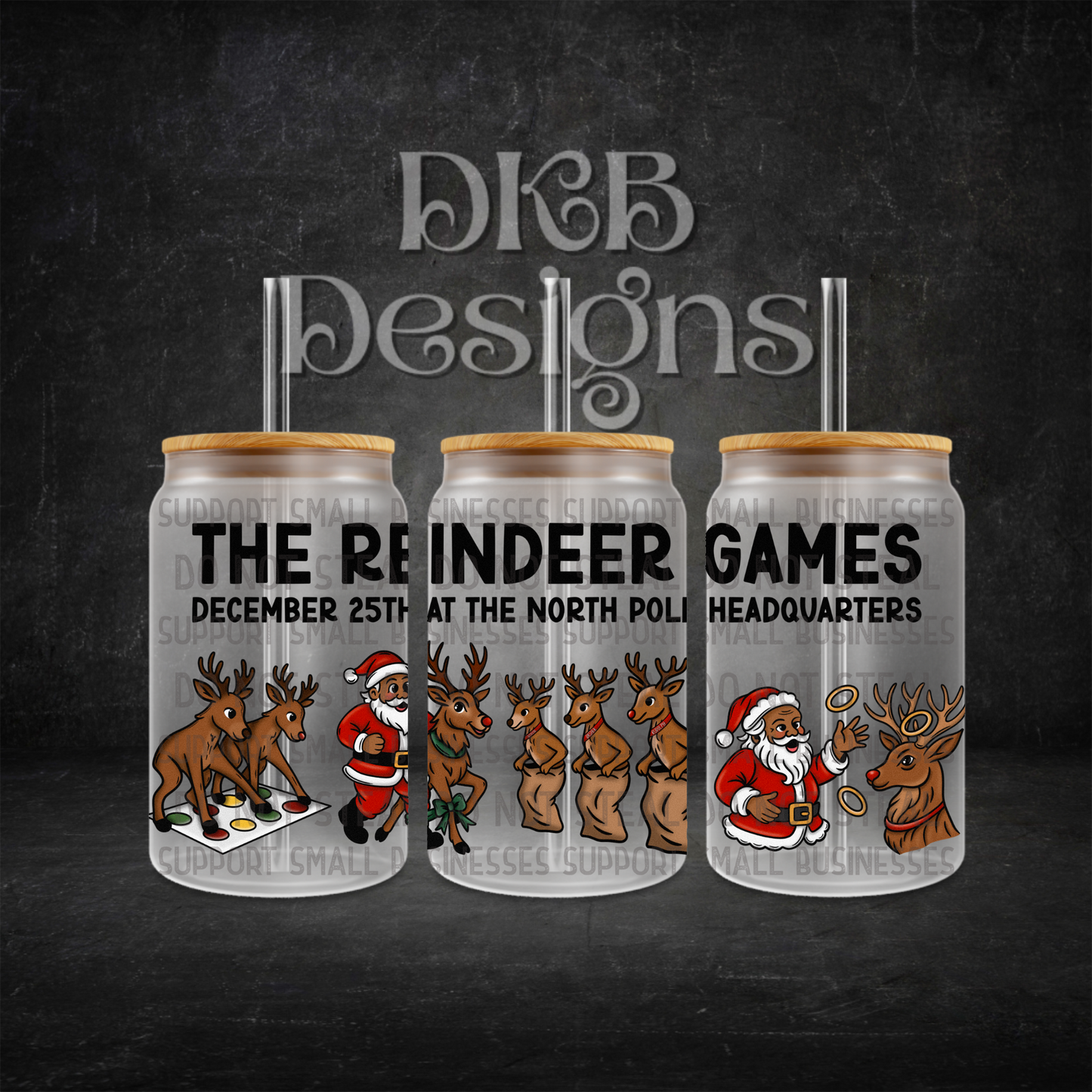 The reindeer games black 16oz glass can UV DTF