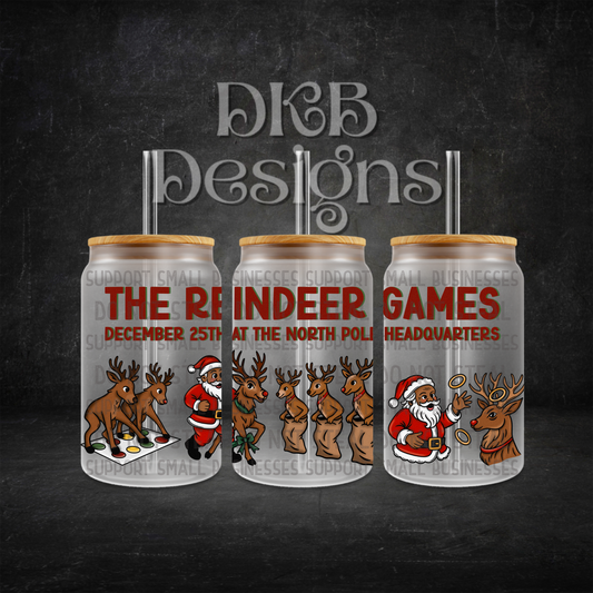 The reindeer games red 16oz glass can UV DTF